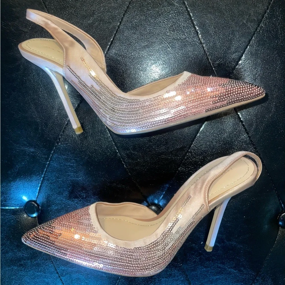 ❌SOLD❌Zara Elegant Pink Sequin Pointed-Toe Slingback Heels size 37 - Picture 4 of 6